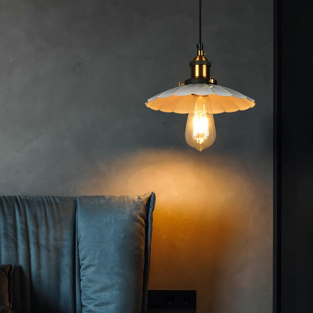 Pendelleuchte Industriell Rund Geriffelt, Hängelampe Verstellbares Kabel Retro Welle Eisen Kronleuchter für Schlafzimmer Esszimmer Café Bar(White,25cm/9.84in)