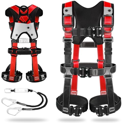 [TT TRSMIMA] フルハーネス 新規格 セット フルハーネス安全帯 - 安全保護 ワンタッチ バックル 脱着簡単 ハーネス安全帯 ランヤード付き 2丁掛け 肩パッド 収納袋付き 墜落制止用器具 高所作業用 電気工事 落下防止