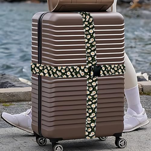 Image of 2PC,Daisy Flower Luggage Strap 1.97 x 70.84 inch White Floral Design Adjustable Suitcase Belt Durable Nylon Baggage Identifier for Elegant Travel Accessory