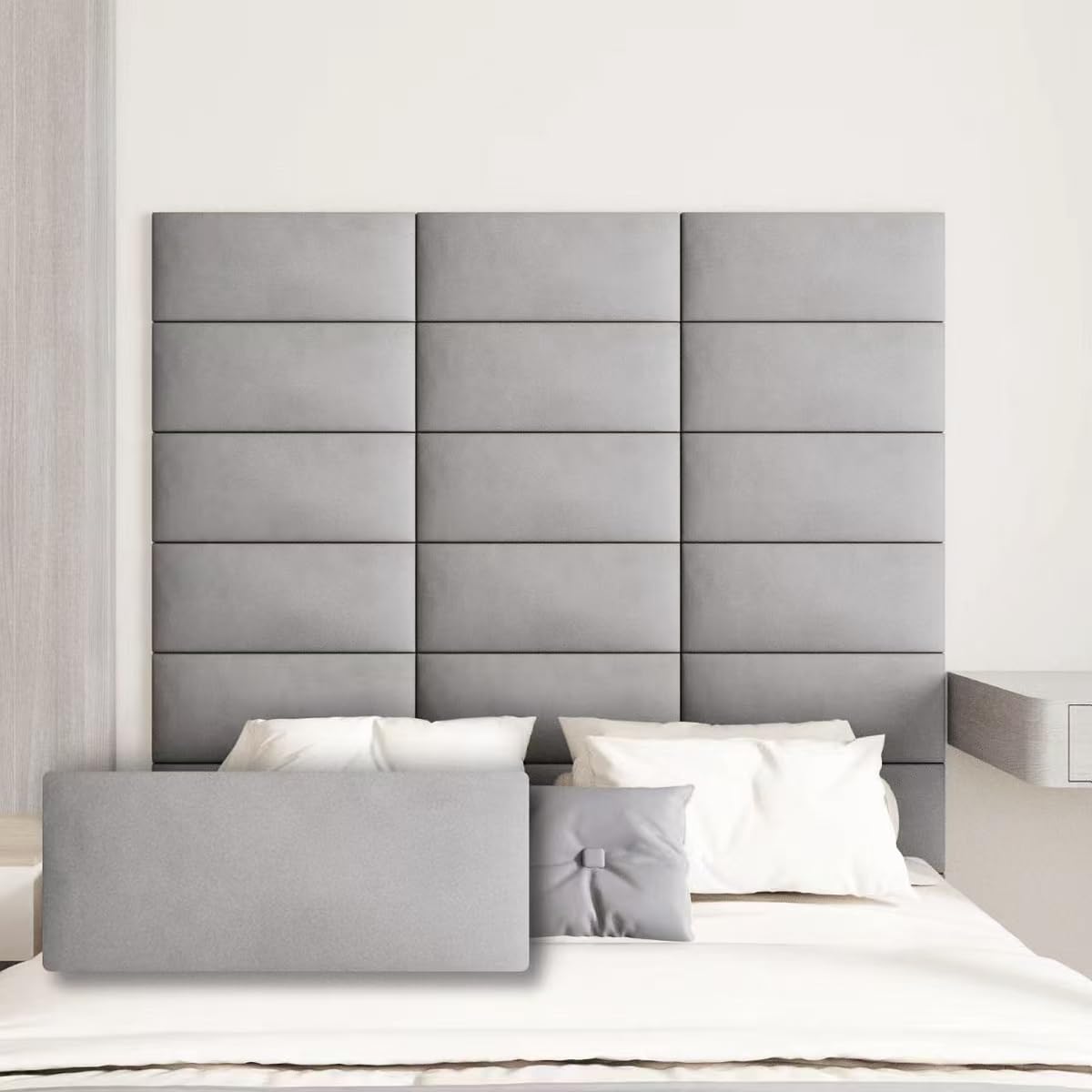 COZY SEEKER Upholstered Wall Mounted Headboard, 3D Soundproof Wall Panels Peel and Stick Headboard for Queen Size, Tufted, Light Grey (9 Panels, 10" x