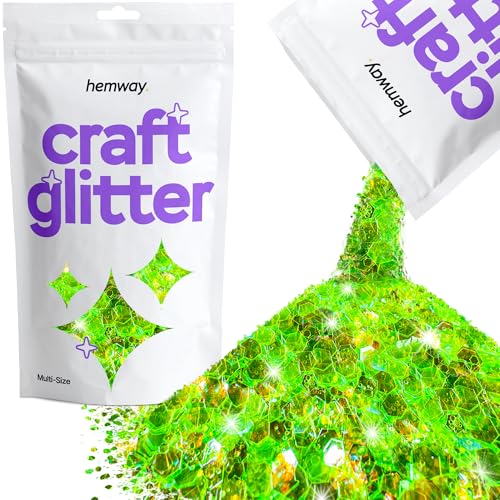 Hemway Craft Glitter Fluorescent Green 100g Multi Size Glitter for Crafts, Resin, Cosmetic, Nail, Face, Body, Festival, Tumblers, Art, Candle, Crafting