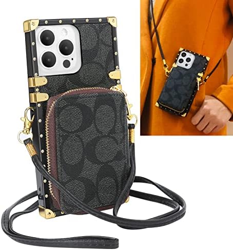 Luxury Designer Wallet Case Compatible with iPhone 14 Pro Max,Case with Crossbody Strap for Women Girls, Zipper Leather Card Holder Cover Protective Case -Black