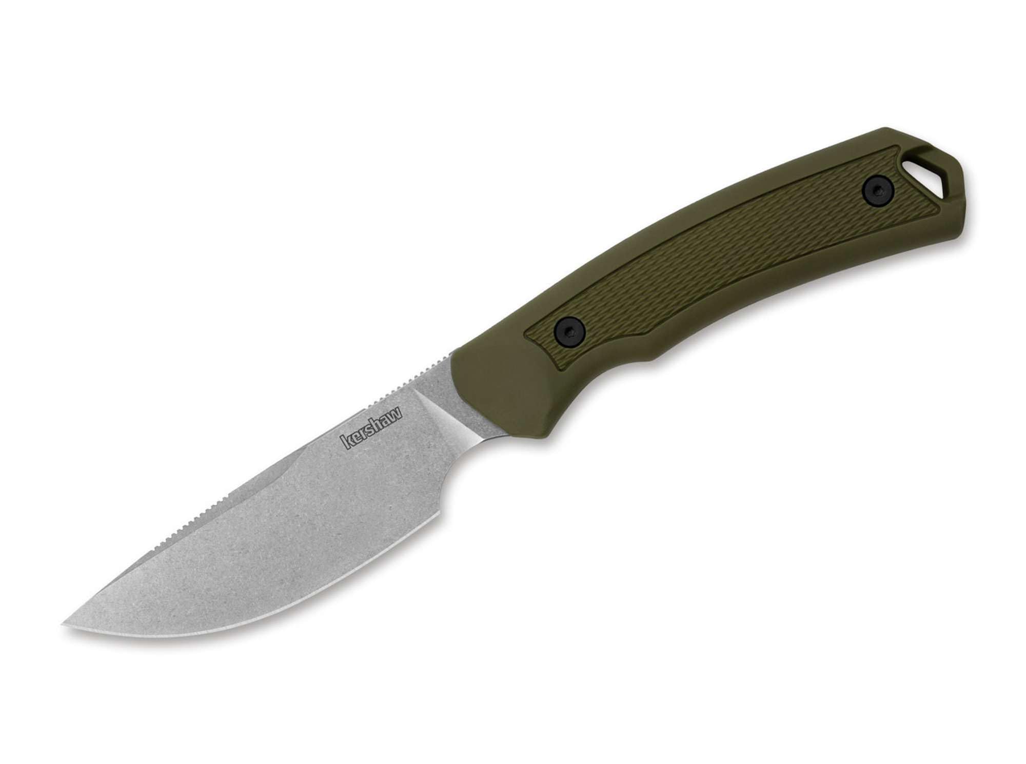 Kershaw Deschutes Skinner Fixed Blade Knife, Olive Design, 3.9 Inch D2 Steel Fixed Drop Point Blade, Full Tang Design, EDC, Molded Sheath, Everyday Carry Knife for Men and Women