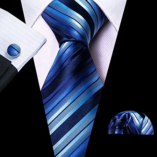 Barry.wang Stripe Men Ties Set Classic Woven Necktie With Handkerchief Cufflinks Formal Blue #TOP3