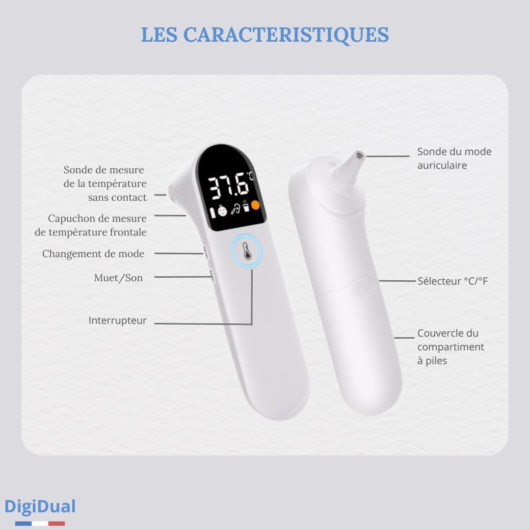 DigiDual Thermomètre Infrarouge Médical Auriculaire et Sans Contact – Certifié CE IEC 60601‑1, Précis & Rapide, Pour Toute la Famille, Notice FR incluse
