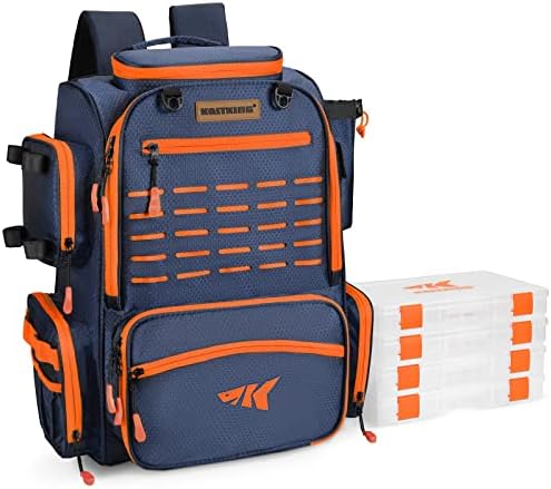 KastKing Bait Boss Fishing Tackle Backpack with Rod Holders,4 Tackle Boxes,Waterproof Protective Rain Cover,34L Large Storage Waterproof Tackle Boxes for Fishing, Camping,Hiking,Outdoor Sports,Orange