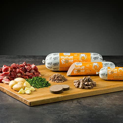 PURBELLO Hunde-Rolle Nassfutter Mix-Paket II - 3 x Huhn, 3 x Ente, 2 x Rind - Monoprotein Hundefutter mit hohem Fleischanteil - Hundewurst schnittfest und getreidefrei (8 x 400g)