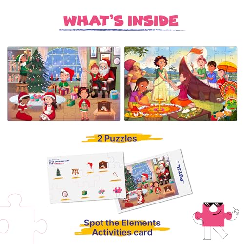 Image of Set of 2 Festive Theme Jigsaw Puzzles for Kids Age 5+ | Christmas & Onam Puzzle | 60 Pieces Each | Includes Activity Sheets | Educational Toys for Kids 5-8 Years | Unique Gift