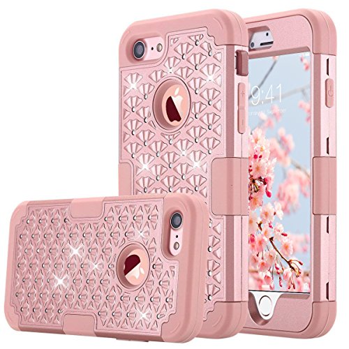 ULAK iPhone 7 Case, Bling Heavy Duty Protection Shockproof Soft Silicone + Hard PC Dual Layer Hybrid Impact Case for Apple iPhone 7 4.7 inch (2016) - Bling Rose Gold