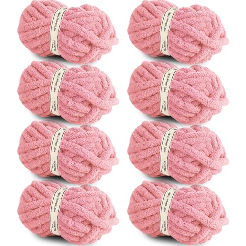 8 Jumbo Packs Chunky Chenille Yarn for Crocheting 31.7 yds 8 oz Each Skein Bulky Thick Fluffy Yarn for Knitting Super Bulky Chunky Yarn for Hand Knitting Blanket Soft Plush - Pink