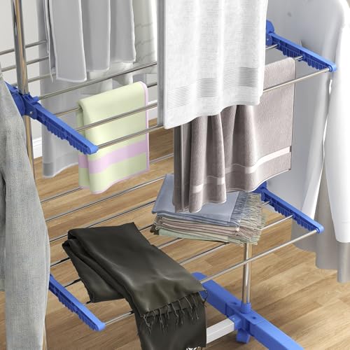 HOMCOM 3-Tier Clothes Airer, Stainless Steel Foldable Clothes Drying Rack with Wheels and Wings, Indoor and Outdoor, Easy Assembly, 142 x 55 x 152cm, Blue - Image 9