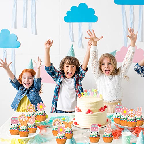 48Pcs Hippie Party Cupcake Toppers For Two Groovy Birthday Party Decorations Boho Rainbow Party Decorate #TOP2