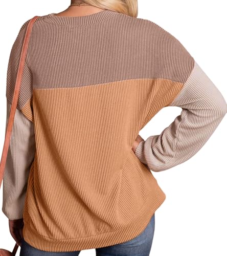 Womens Fashion 2024 Fall Long Sleeve Color Block Crewneck Knitted Ribbed Tops Casual Comfy Loose Blouse Pullover2