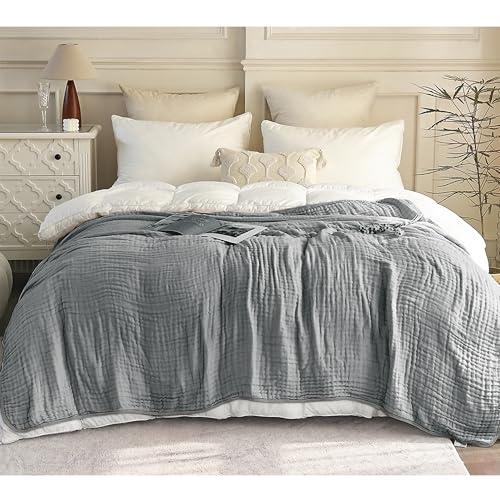 Image of SANACYNA Muslin Blankets 100% Cotton 6-Layer Gauze Gray Grid Bed Blanket Lightweight Soft and Breathable King Blanket for Sofa Bed Coverlet Both Sides (Grey, Baby 30 inchx40 inch)