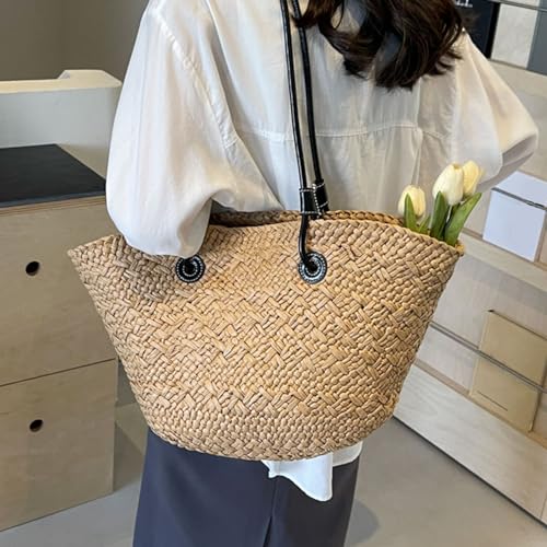 Image of Straw Woven Beach Bag, Stylish Large Capacity Shoulder Bag, Handmade Weaving Handbags, Straw Bags, Tote Bags for Outdoor Shopping, Design for Summer Beach Resort Travel