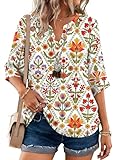 LOMON Womens Tops Dressy Casual 3/4 Sleeve Trendy V-Neck T-Shirts Spring Elbow Length Work Top Blouses Tunic 90s Outfits Green Floral S