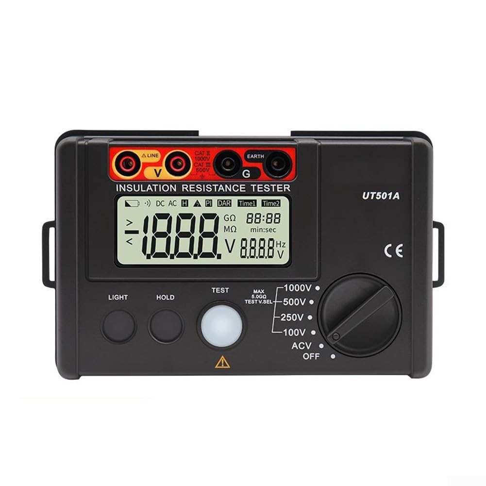 Probador de resistencia de aislamiento UT501A Medidor de resistencia de aislamiento digital Megohmmeter 100V-1000V Voltaje de salida Pantalla LCD Descarga automática Equipo de prueba