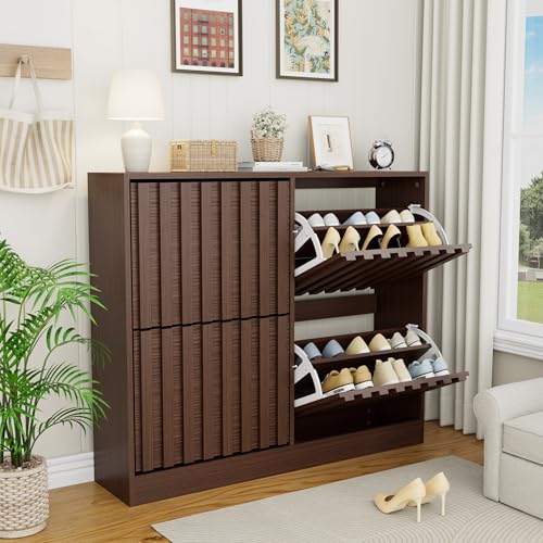 UEV Meuble à Chaussures Inclinable, Armoire à Chaussures en Bois, 2 Compartiments, Étagère...