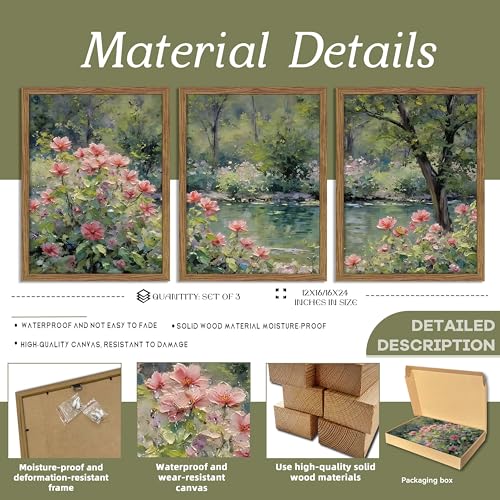 Framed Monet Wall Art Set of 3, Impressionist Botanical Floral Canvas Wall Decor, Vintage Cottagecore Artwork Paintings, Nature Landscape Flowers Prints Pictures for Living Room Bedroom 16x24 Inch by Zeredi - Used condition - Image 4