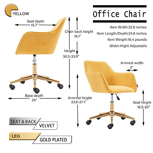 Henf Velvet Office Chair, 360° Swivel Chair Home Desk Chair Tufted Vanity Chair With Elegant Gold Base, Soft Small Task Chair For Kids Student, Living Room Bedroom Furniture (Style10-Yellow) #TOP7