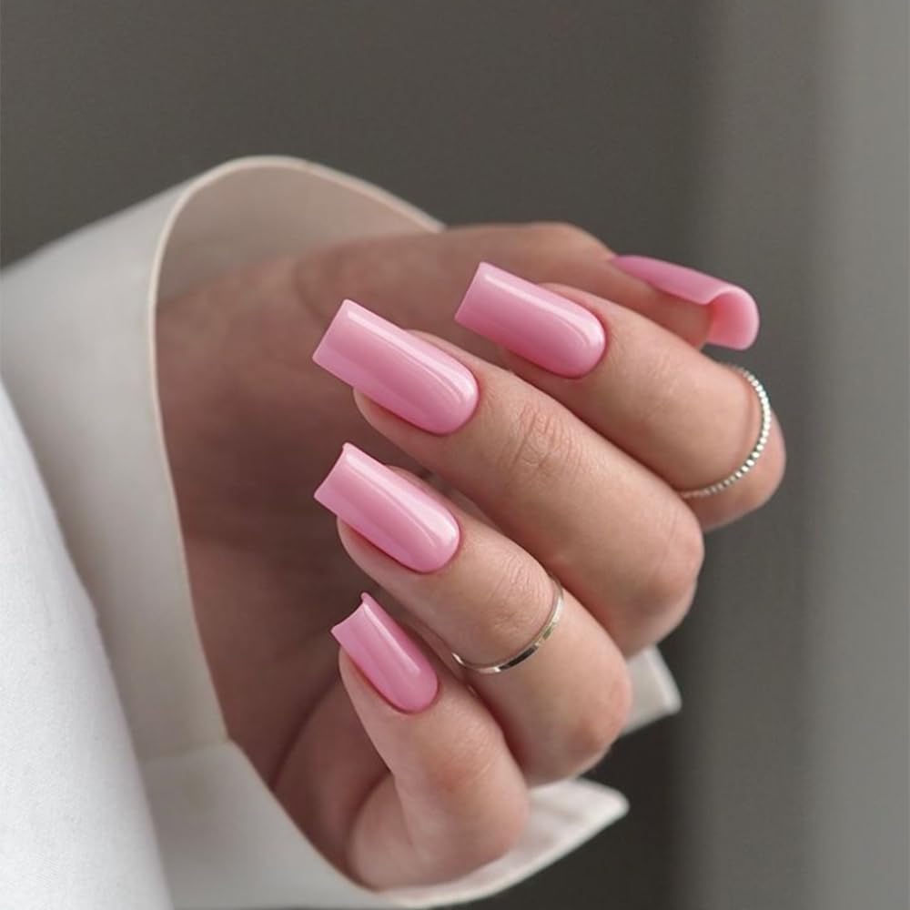 KQueenest Baby Pink Press on Nails Long Square, Light Pink False Nails Long Medium Coffin - Image 2