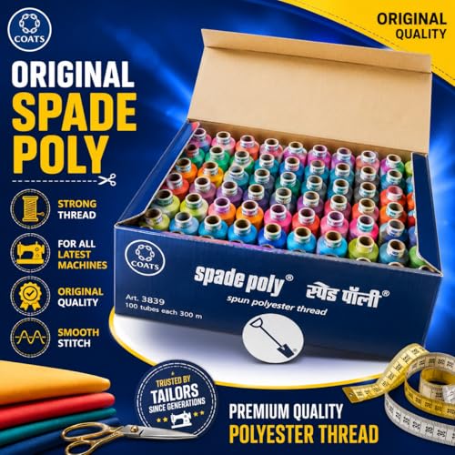 Image of Coats Spade Poly Sewing Thread, Multicolor, Spun Polyester, 300m, 100 Reels, for Sewing Machine, Boutique & Embroidery