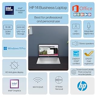 HP 14" Laptop 2025 Business Student Slim Computer, Lifetime MS Office, Copilot AI, Quad-Core Intel CPU, 16GB RAM, 628GB Storage (128GB UFS+500GB Ext), MarxsolAccessory, Wi-Fi 6, Win 11 Pro, Sky Blue