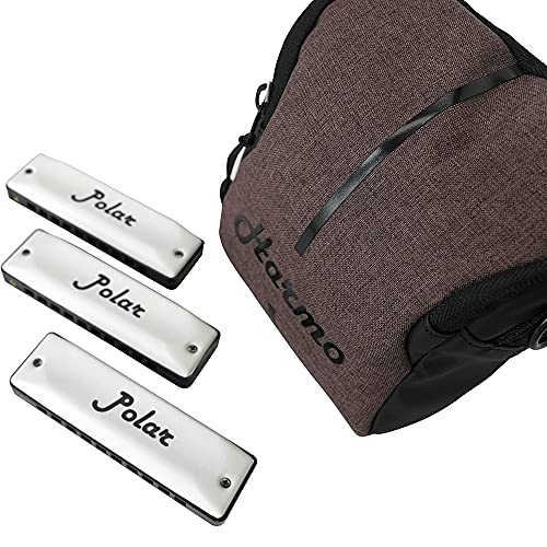 Harmo Polar Harmonica (Set of 3) â€“ 10 Holes â€“ Professional Blues Mouth Organ Harmonica for Beginner, Adult â€“ Mouth Musical Instrument â€“ Includes Harmonicas Key of C G A with Gig Bag 7 & Mini Harmonica