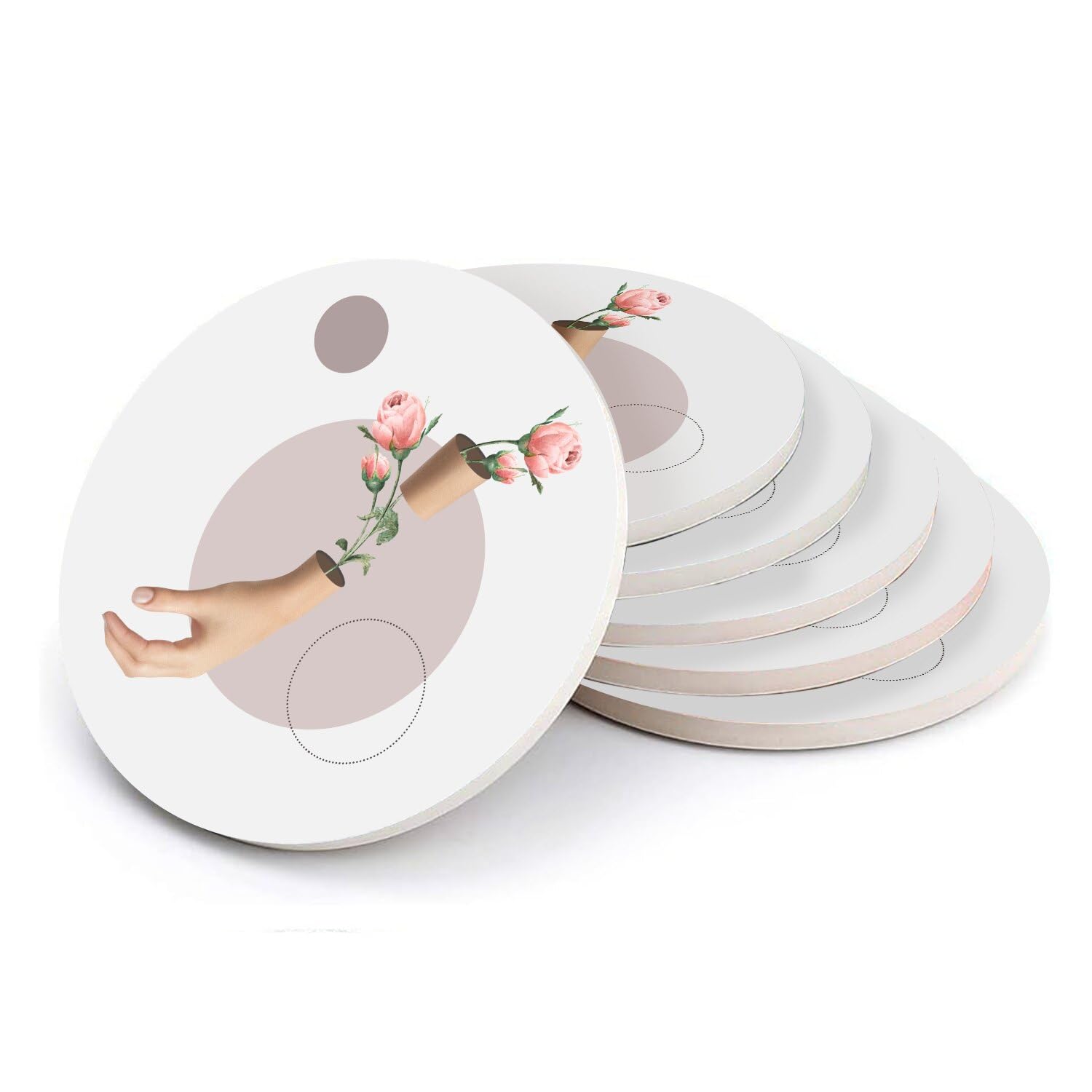 Sous-verre rond en céramique art surréaliste lot de 6 dessous de verre fleurs pour table de salon
