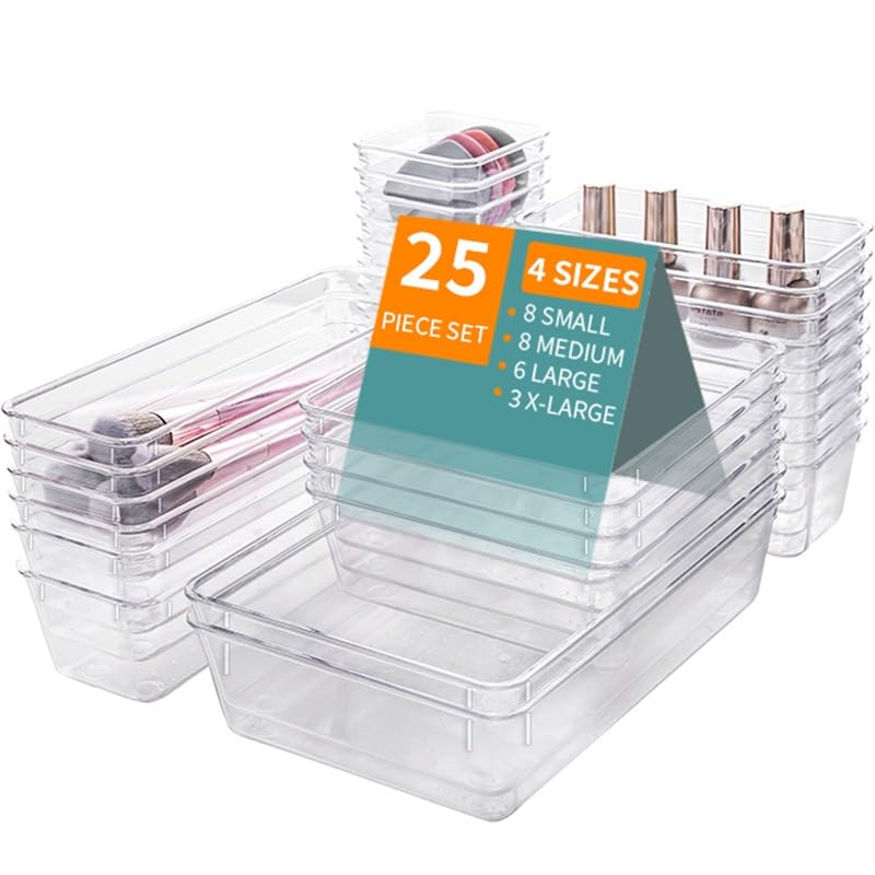 25 PCs Clear Drawer Organizer Tray Set 4 Sizes of Makeup Drawer Organize Acrylic Organizer Bins for Jewelry Kitchen Gadgets and Office Supplies