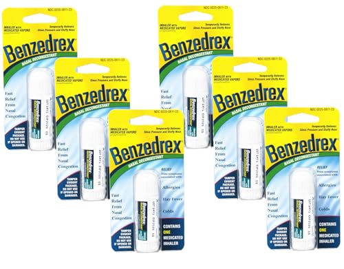 Benzedrex Nasal Decongestant Inhaler Medicated Vapor Relief for Sinus Pressure Nasal Congestion Allergies Hay Fever & Colds (Pack of 6)