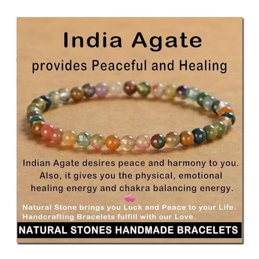 AD Beads Handmade Gemstone Stretch Elastic Bracelet Crystal Healing Reiki Nature's Beauty and Spiritual Essence Unisex (4mm, Indian Agate)