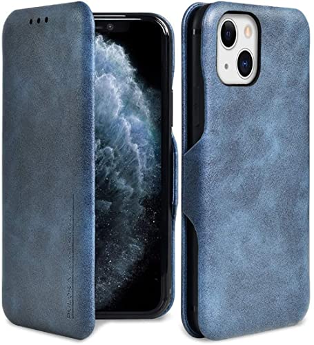 Image of PULOKA for iPhone 14 - Sleek Flip Case - Premium Vegan Leather Phone Cover with Card Slot - Slim, Durable, Privacy Protection - Kickstand Function - Elegant Flip Wallet Cases for Apple - Blue