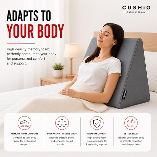 Image of CUSHIO Bed Wedge Pillow for Sleeping, Memory Foam Wedge Cushion for Acid Reflux, Back Support Pillow for Bed Sitting, Orthopedic Wedge Pillow for Neck & Back Pain, Leg Elevation Pillow (Grey)