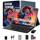 2025 Tablet 10 Inch Android 14 Tablets with Keyboard, 22GB RAM 128GB ROM, Widevine L1, Octa-Core, 8000mAh Battery, 5G Wifi, HD IPS Display, TF 1TB, GPS, Mouse, Case, Split Screen, Metal Body -Blue
