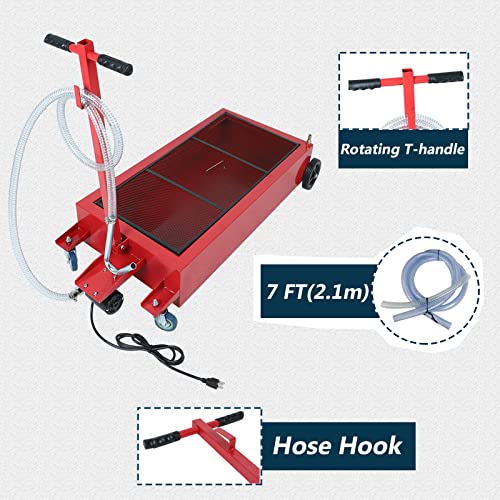 BACLAUGH Low Profile Oil Drain Pan 20 Gallon Portable with 110V DC Centrifugal Electric Fuel Transfer Pump for Gasoline Diesel and 7 FT Hose(Iron Red)