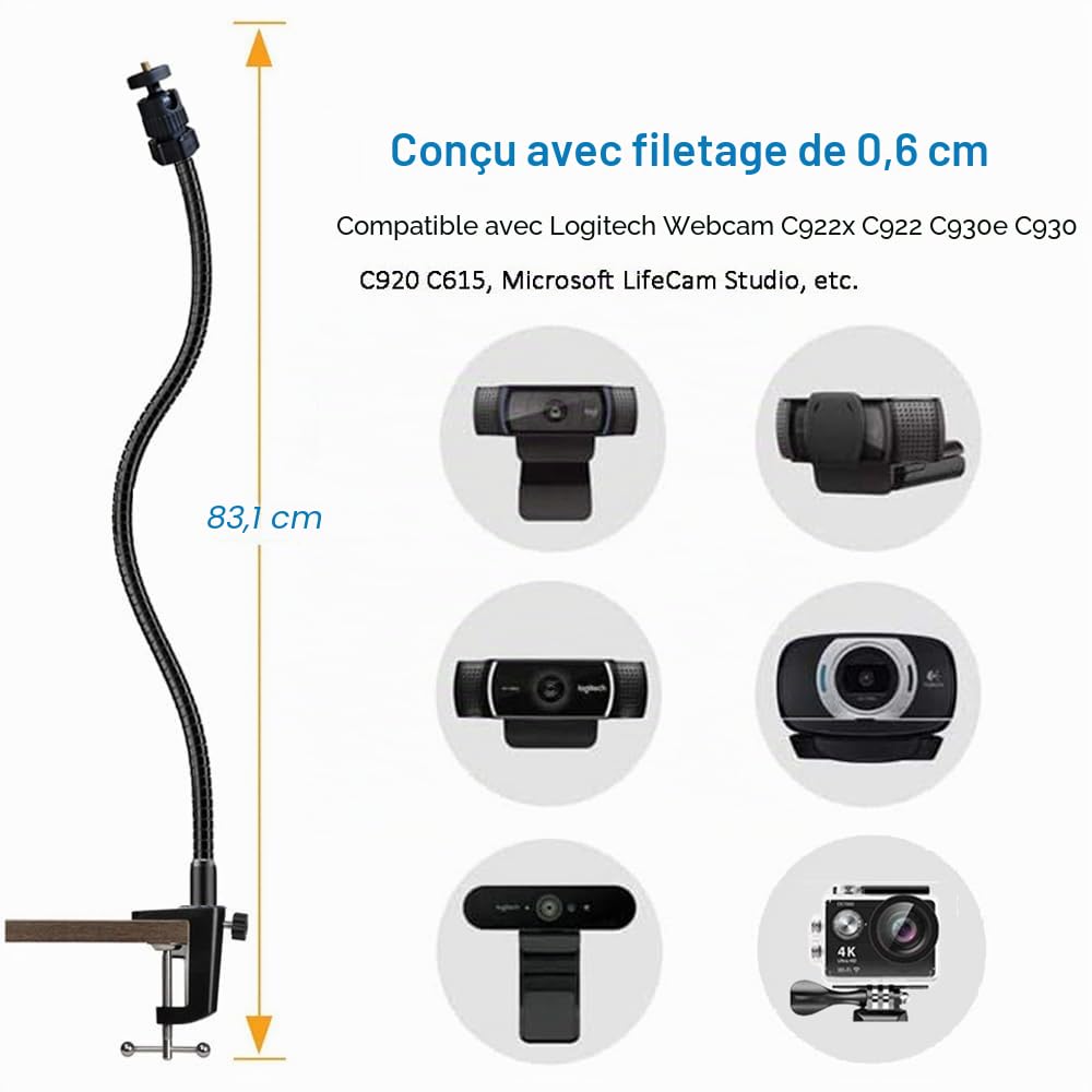 Etucro Webcam Support 27" col de cygne réglable pour webcam Logitech C925e C922 C930 C920 C615 et plus (filetage 1/4")