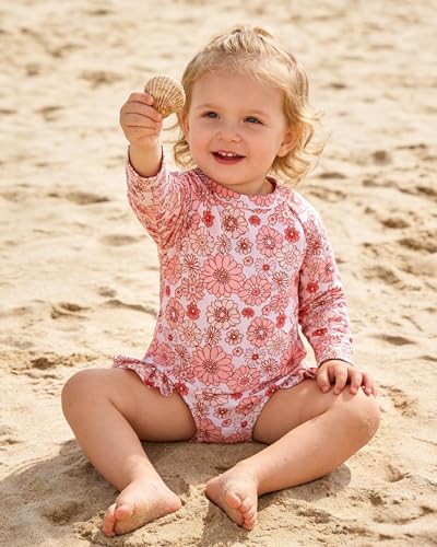 Image of SODLON Baby Girl Swimsuit Long Sleeve One-Piece Infant Bathing Suit 3M-3T | Girls Swim Suit with Hat & Zipper & Headband, Rash Guard Ruffle Swimwear, Toddler UPF 50+ Swimsuits, Baby Beach Essentials