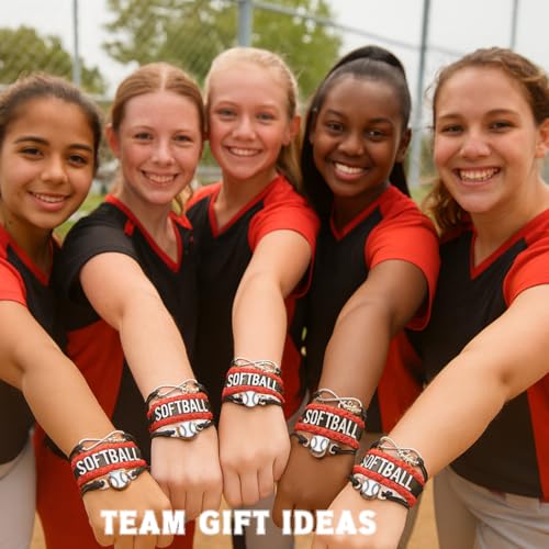 Softball Charm Bracelet (Black/Red) Bracelets, Adjustable Bracelet with Softball Charm. Braided Bracelets for Softball Players, Softball Team, and Coaches - by SPORTYBELLA3