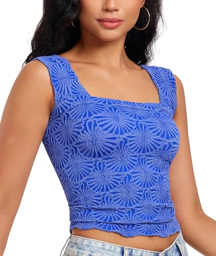 Women's Square Neck Wide Strap Crop Tank Tops Flower Going Out Tops Slim Fit Lettuce Trim Crop Cami Tops