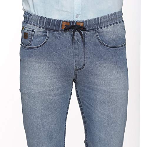 Image of CAHOOT Men' Light Blue Cinched Hem Denim Jeans for Casual Wear Light Wash 5 Pocket Drawstring Closure Cotton Denim Jeans