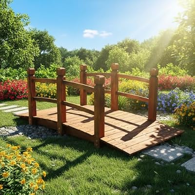 WISLAS 5FT Wooden Garden Bridge with Handrails, Decorative Landscape Footbridge for Yard, Pond, Farm or Creek - Rust-Resistant Cedar Construction, Easy Assembly & 500LB Capacity