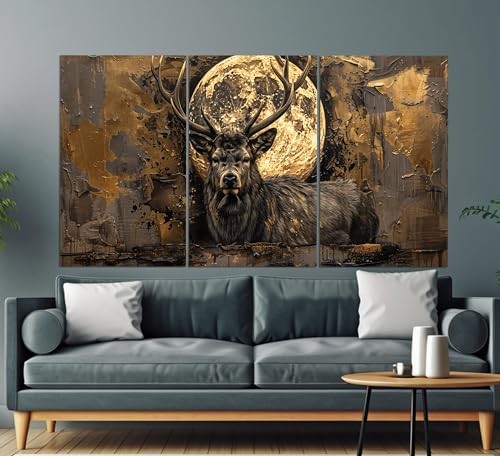 Tableau cerf pleine lune vintage 40x60cm triptyque abstrait - 2