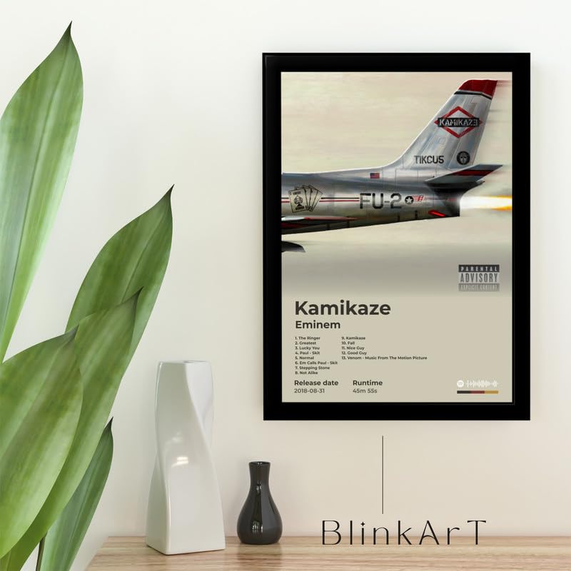 Image of BLINKART Eminem- Kamikaze Wall Photo Frames | Wall Art for Bedroom, Living Room, Studio or Office | Album Cover Print with Spotify Song Link QR Code | Gift for Fans - 8x12 In