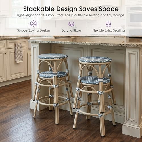 Image of PURPLE LEAF Outdoor French Round Counter Stool Set of 2 Large 26 inch Woven Rattan Seat Backless Barstools White Print Aluminum Frame for Patio Indoor Island Bistro Restaurant Soft Blue