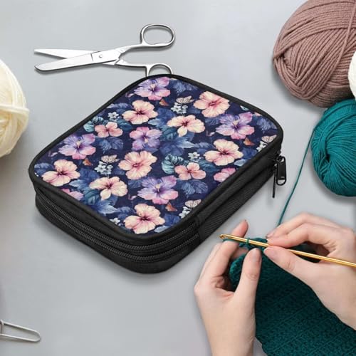 Image of Purple Hibiscus Crochet Hook Case Crochet Hook Holder Portable Storage Bag with Web Pockets Suitable for Needles /Knitting Accessories