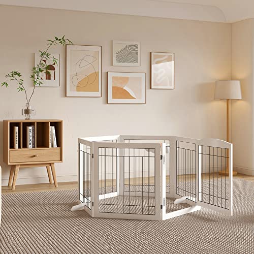 Folding-Pet-Gate-144-Wide-30-Tall-No-Assembly-Wooden-Dog-Gate-with-Door-Walk-Through-Freestanding-Wire-Pet-Gate-Pet-Puppy-Safety-Fence-with-2PCS-Support-White