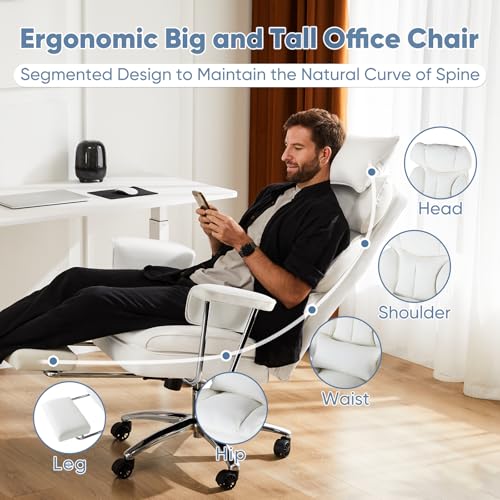 Image of DUMOS Ergonomic Home Office Desk Chair, Executive Chair, PU Leather | Big Tall High Back, Lumbar Support, Reclining Height Adjustable, Computer Gaming, Footrest Swivel Wheels, Snow White
