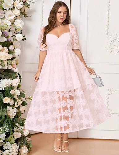 Image of EYWOL Formal Wedding Guest Cocktail Party Floral Embroidered Dress M-3XL | Embroidered,Floral,Sheer A-Line,Maxi,Sweetheart Neckline,Puff Sleeves,Tie Back, Parties,Wedding,Formal,Cocktail,Occasions