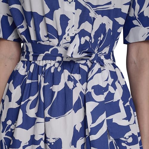 Image of DKNY Women's Short Sleeve Cotton Poplin Collared Midi Shirtdress